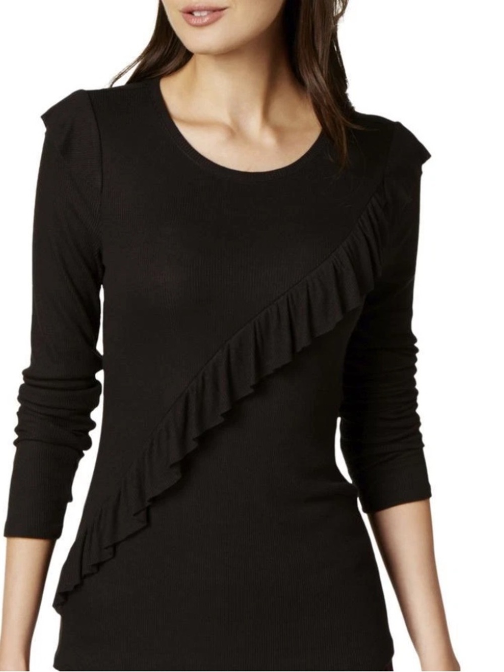 Maison Jules Black Ruffled Long Sleeve Top